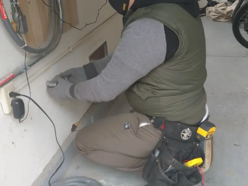 Electrician performing outlet wiring in a Chatsworth garage